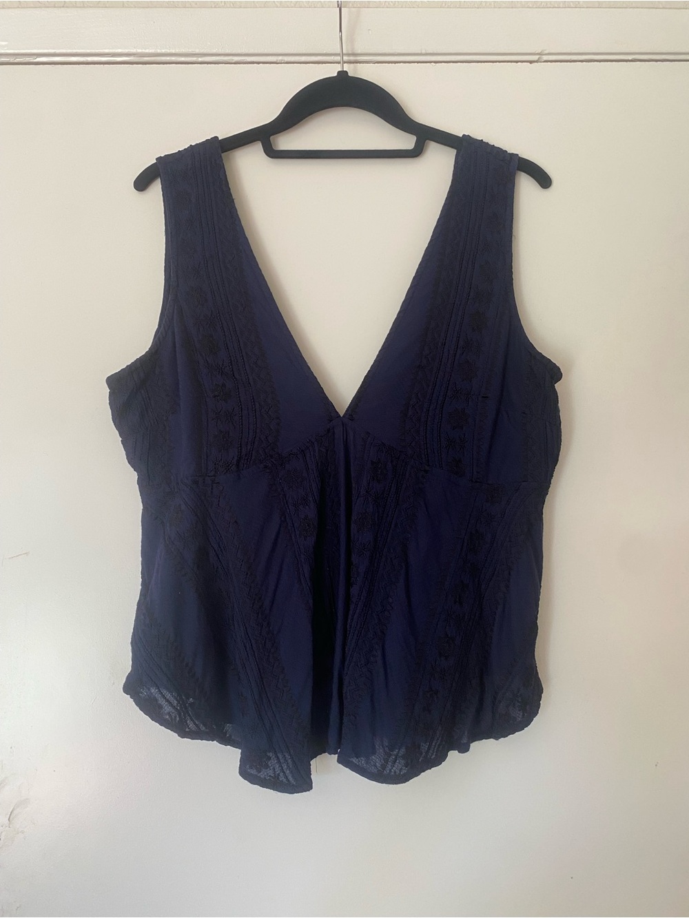 Free People Deep V-Neck Navy Embroidered Tank Top